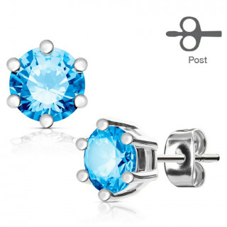 Clous d'oreille acier gemme aqua couronne (paire)