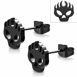 Clous d'oreille acier noir à crane enflammé (Paire)