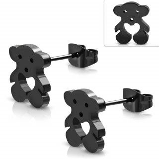 Clous d'oreille acier noir  nounours coeur (Paire)