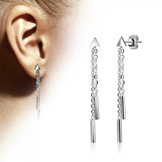 Clous d'oreille acier  triangle et cylindres enchains