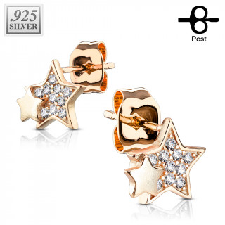Clous d'oreille argent cuivré à duo d'étoiles pavé de zirconiums (la paire)