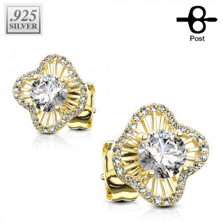 Clous d'oreille argent dor en forme de fleur borde de zirconium (la paire)