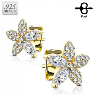 Clous d'oreille argent doré à fleur pavée de zirconiums (la paire)