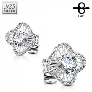 Clous d'oreille argent en forme de fleur borde de zirconium (la paire)