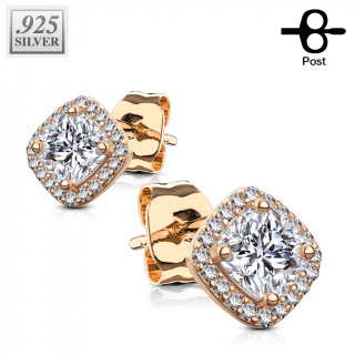 Clous d'oreille cuivrés en argent 925 à carrés de zirconiums (la paire)