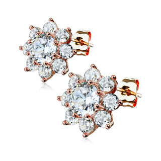 Clous d'oreille cuivrés à fleur 8 pétales zirconium (la paire)