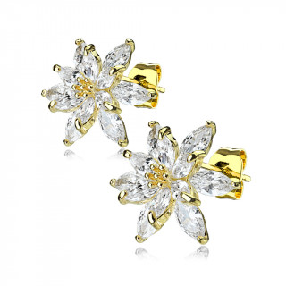 Clous d'oreille dors  double fleur zirconium (la paire)