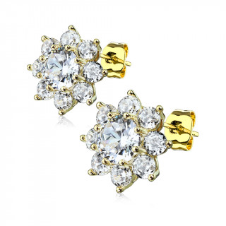 Clous d'oreille dorés à fleur 8 pétales zirconium (la paire)