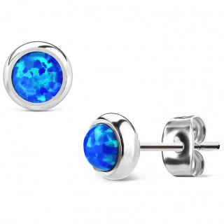 Clous d'oreille en acier argent  opale bleue