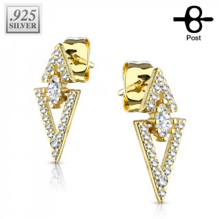 Clous d'oreille en argent doré à triangles pavés de zirconiums (la paire)