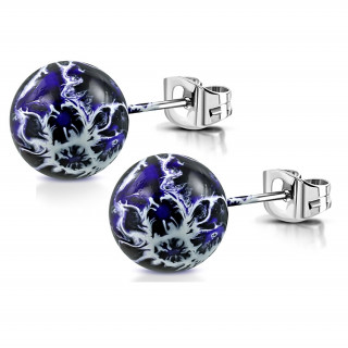 Clous d'oreille  perle noire et bleue peinte (Paire)