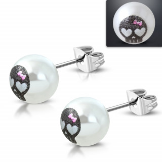 Clous d'oreille perles  crane girly imprim (Paire)