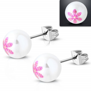 Clous d'oreille perles  fleur xotique imprime (Paire)