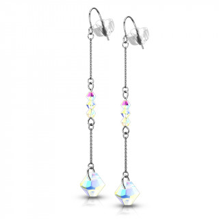 Clous d'oreilles acier à chaines doubles et perles prismes (paire)