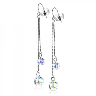Clous d'oreilles acier  chaines et perles iridescentes (paire)