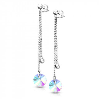 Clous d'oreilles acier  chaines suspendues serties et perles (paire)