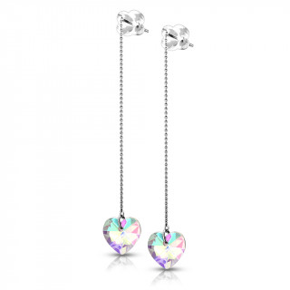 Clous d'oreilles acier à chaines traversantes et coeurs iridescents (paire)