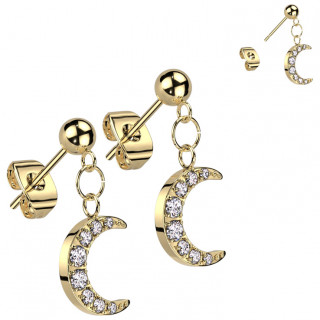 Clous d'oreilles acier dor  lune suspendue sertie de zirconiums (paire)