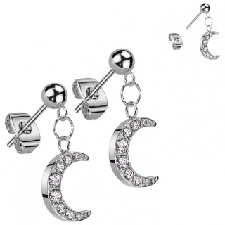 Clous d'oreilles acier à lune suspendue sertie de zirconiums (paire)
