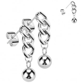 Clous d'oreilles  chaine et boule suspendues en acier (paire)