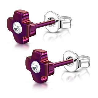 Clous d'oreilles croix violettes serties (Paire)