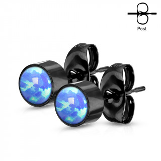 Clous d'oreilles cylindriques noires  Opales Bleues (paire)