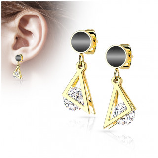 Clous d'oreilles emaills noirs en acier dor  triangles et zirconium suspendus