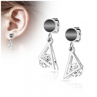 Clous d'oreilles emaills noirs en acier  triangles et zirconium suspendus