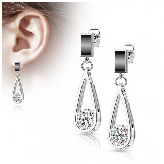 Clous d'oreilles en acier Argent  rectangle maill noir et goutte strass