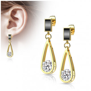 Clous d'oreilles en acier Dor  rectangle maill noir et goutte strass