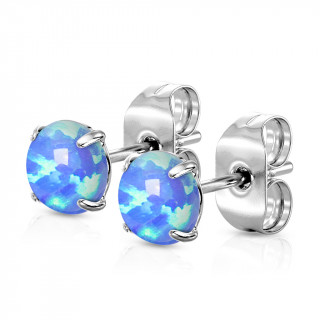 Clous d'oreilles en acier  opales bleues (Paire)