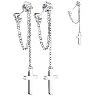 Clous d'oreilles en acier à zirconium et croix enchainées (Paire)