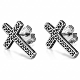 Clous d'oreilles homme acier croix argentée avec motifs gravés (Paire)