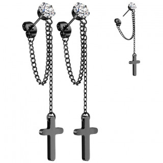 Clous d'oreilles Noirs en acier  zirconium et croix enchaines