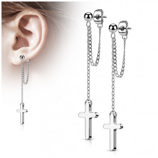 Clous d'oreilles perls en acier Argent  double chane et croix