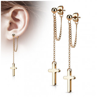 Clous d'oreilles perls en acier Cuivr  double chane et croix