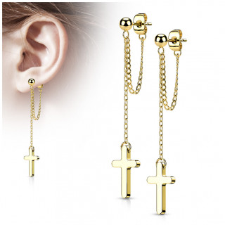 Clous d'oreilles perls en acier Dor  double chane et croix