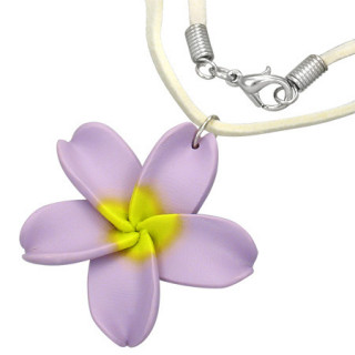 Collier à cordon blanc et fleur de frangipanier violette et jaune