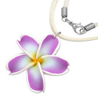 Collier  fleur tropicale tricolore et cordon blanc