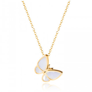 Collier acier papillon doré à ailes nacrées