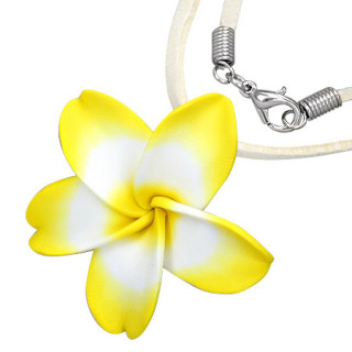 Collier cordon  fleur Plumeria jaune et blanche en fimo