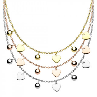 Collier femme acier  billes et coeurs suspendus