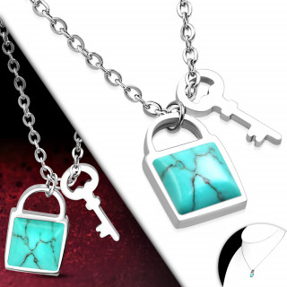 Collier femme acier  cadenas de turquoise et cl