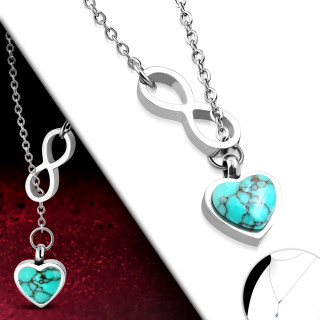 Collier femme acier  coeur de turquoise et symbole de l'infini