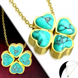 Collier femme acier dor  trfle de turquoises en coeurs