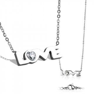 Collier femme acier  monogramme Love et strass en coeur