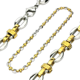 Collier homme en acier à mailles ovales et anneaux gravés de labyrinthes