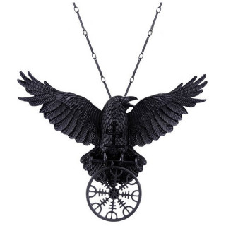 Collier nordique noir  corbeau et symbole "Heaume de Awe" - Restyle