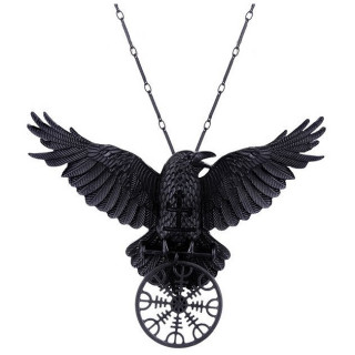 Collier nordique noir à corbeau et symbole "Heaume de Awe" - Restyle