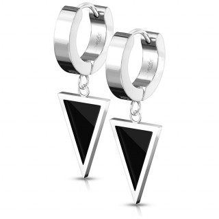 Croles en acier Argent  triangle emaill noir suspendu (paire)